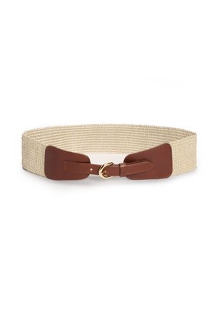 Ceinture tissée beige avec extrémités en cuir marron et petite boucle dorée au centre sur fond blanc.