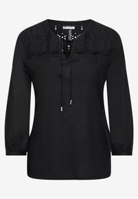 Haut noir à manches longues avec un décolleté en V, présentant des détails en dentelle sur les épaules et des liens à nouer au niveau du col. Tissu doux et léger.