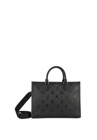 Sac fourre-tout en cuir noir avec un motif floral en relief et un logo, poignées supérieures doubles, bandoulière amovible et forme structurée.