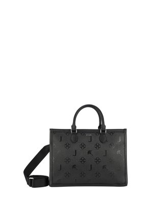 Borsa tote in pelle nera con motivo floreale e logo in rilievo, doppi manici superiori, tracolla removibile e forma strutturata.