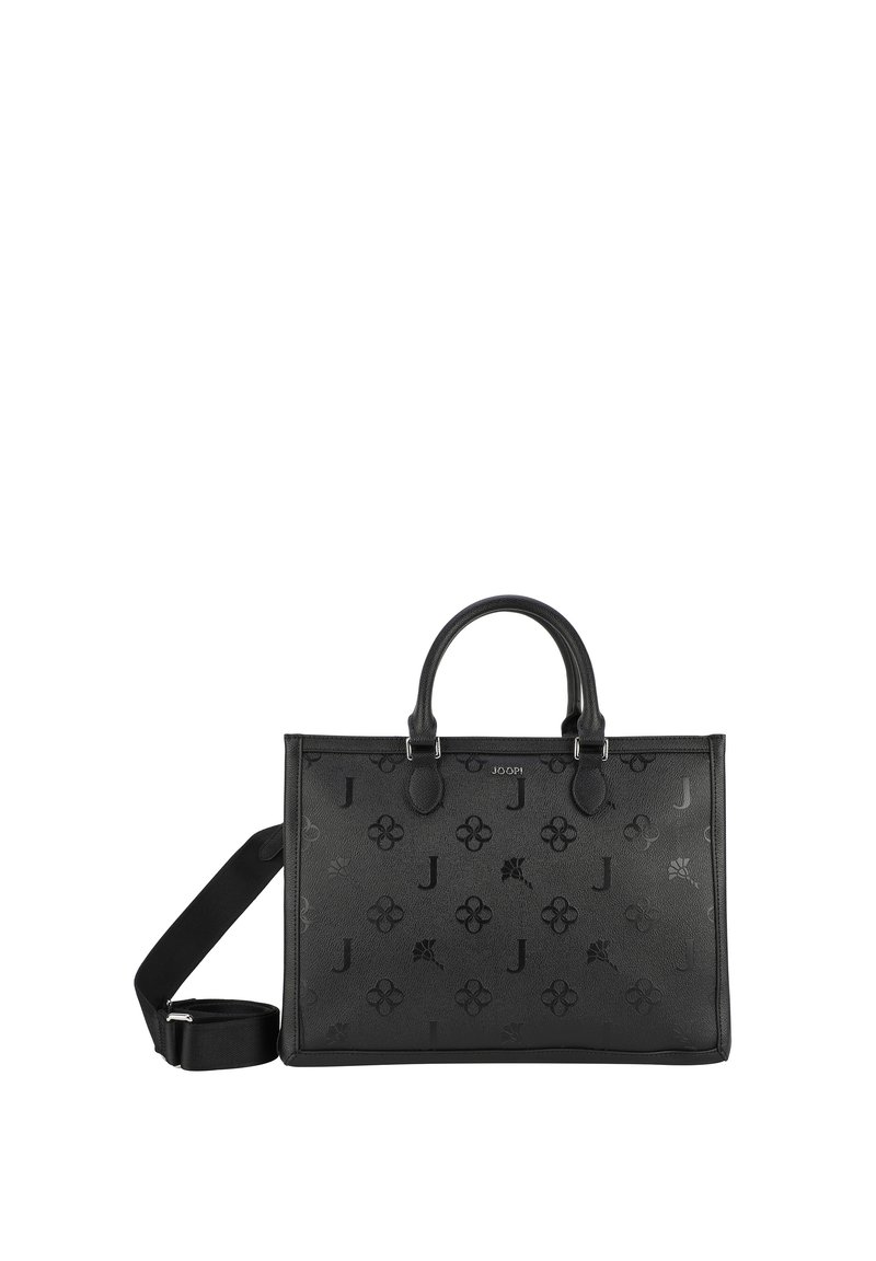 Sac fourre-tout en cuir noir avec un motif floral en relief et un logo, poignées supérieures doubles, bandoulière amovible et forme structurée.