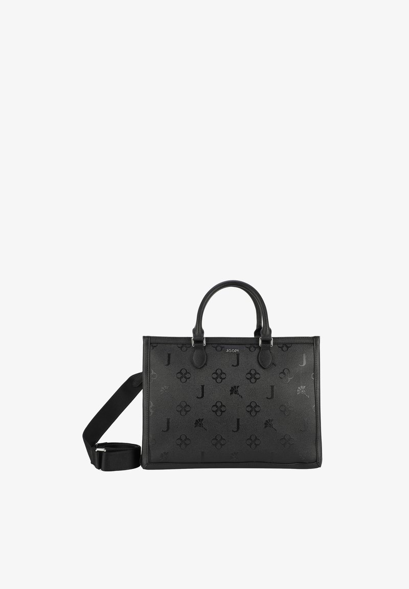 Borsa tote in pelle nera con motivo floreale e logo in rilievo, doppi manici superiori, tracolla removibile e forma strutturata.