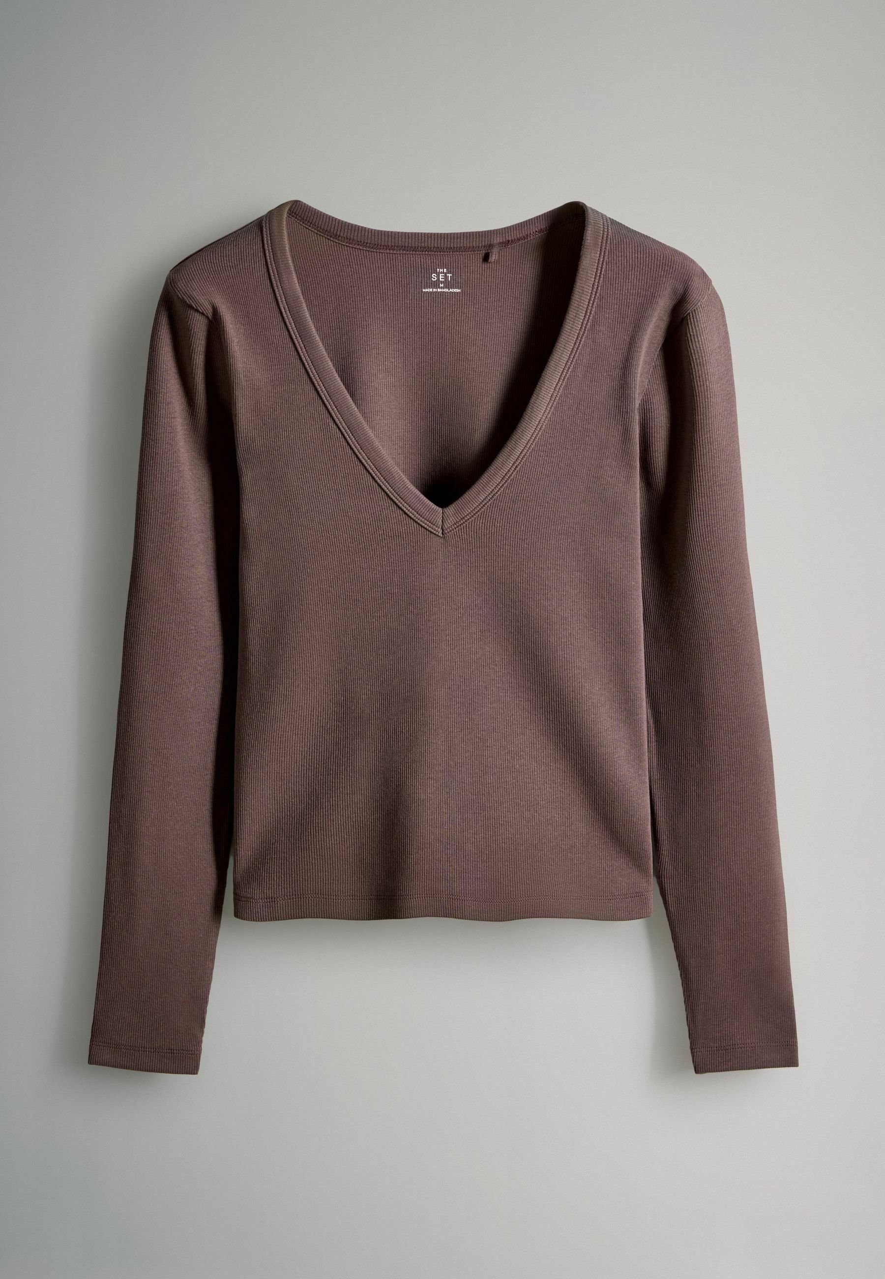 Lot De 4 T-shirts Femme à Manches Longues, Col V Profond Et Finition Côtelée - Couleurs Assorties (violet, Marron, Rose, Pierre) - 14