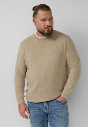 Beige gestrickter Pullover mit Rundhalsausschnitt, strukturiertem Stoff und langen Ärmeln, kombiniert mit blauen Jeans. Minimale Brandingdetails sichtbar.