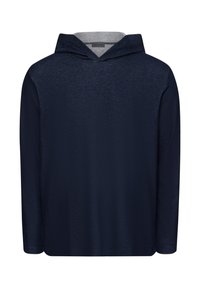 Sudadera azul marino de tela suave, con mangas largas, un bolsillo canguro en la parte frontal y un forro gris en contraste en la capucha.