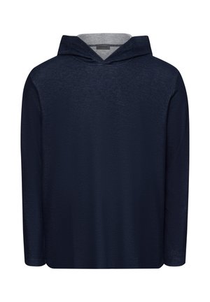 Laavun sininen huppari, joka on valmistettu pehmeästä kankaasta ja jossa on pitkät hihat, etupuolella kenguru-tasku sekä kontrastivärinen harmaa vuori hupussa.