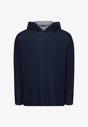 Laavun sininen huppari, joka on valmistettu pehmeästä kankaasta ja jossa on pitkät hihat, etupuolella kenguru-tasku sekä kontrastivärinen harmaa vuori hupussa.