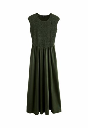 Olivgrünes Kleid mit strukturiertem, gerafftem Oberteil, kurzen Kappenärmeln und einem fließenden Rock, der bis zu den Knöcheln reicht.
