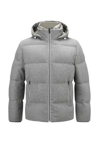 Graue Steppjacke mit Kapuze, gestepptem Design, Reißverschlüssen an den Taschen und kontrastierender Innenauskleidung. Weicher Stoff und lockerer Schnitt.