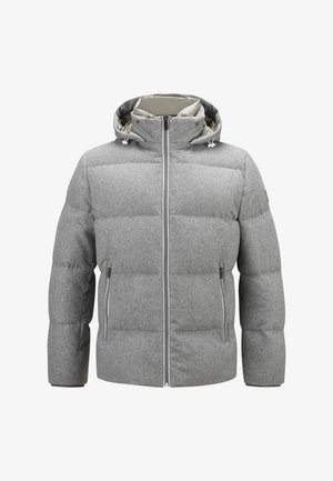 Graue Steppjacke mit Kapuze, gestepptem Design, Reißverschlüssen an den Taschen und kontrastierender Innenauskleidung. Weicher Stoff und lockerer Schnitt.