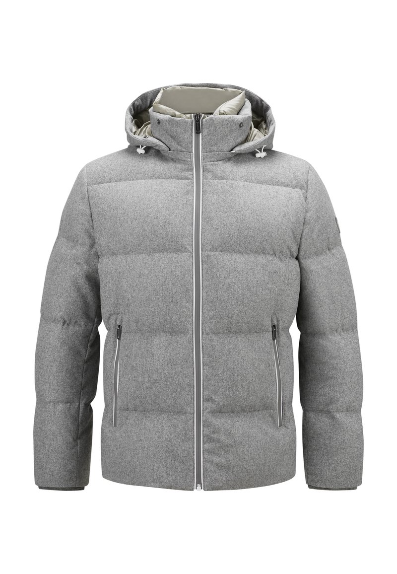 Graue Steppjacke mit Kapuze, gestepptem Design, Reißverschlüssen an den Taschen und kontrastierender Innenauskleidung. Weicher Stoff und lockerer Schnitt.