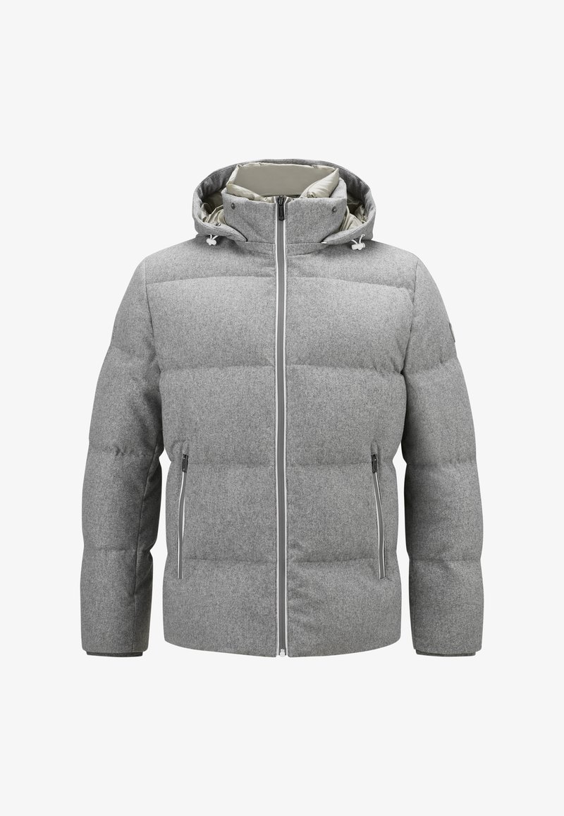 Graue Steppjacke mit Kapuze, gestepptem Design, Reißverschlüssen an den Taschen und kontrastierender Innenauskleidung. Weicher Stoff und lockerer Schnitt.