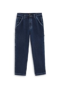 Pantalon en denim bleu foncé avec une coupe décontractée, doté de poches avant inclinées, d'une poche arrière unique et d'une fermeture à bouton.
