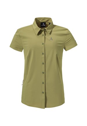 Short-sleeve, collared shirt in olive green, made from smooth fabric, features front buttons, a small logo on the chest, and side pockets.