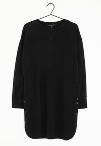 Schwarzes Langarmkleid mit Rundhals-Ausschnitt, seitlichen Knöpfen und abgerundetem Saum. Hergestellt aus weichem Stoff mit glatter Textur.