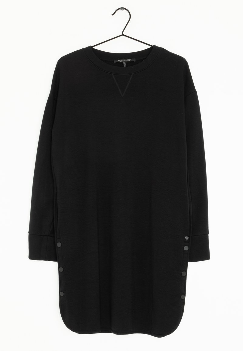 Schwarzes Langarmkleid mit Rundhals-Ausschnitt, seitlichen Knöpfen und abgerundetem Saum. Hergestellt aus weichem Stoff mit glatter Textur.