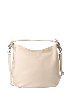 Beige leather shoulder bag with adjustable strap and silver metal hardware on a white background.