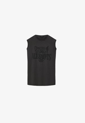 Maglietta nera senza maniche con collo rotondo, con grande testa di leopardo in rilievo e scritta "ALLSAINTS" sul davanti.
