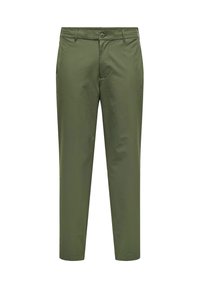Olivgrüne Hosen aus glattem Stoff mit Knopfverschluss, Gürtelschlaufen und klassischer gerader Passform, mit schmal zulaufendem Bein.
