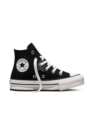 Schwarzer High-Top Converse All Star Sneaker mit weißen Schnürsenkeln und Gummisohle, von der Seite auf weißem Hintergrund gesehen.