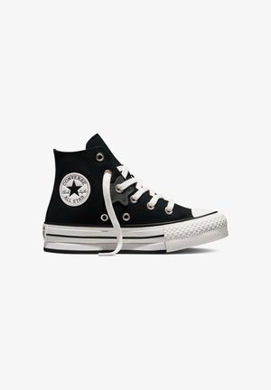 Baskets montantes Converse All Star noires avec lacets blancs et semelle en caoutchouc, vues de côté sur fond blanc.