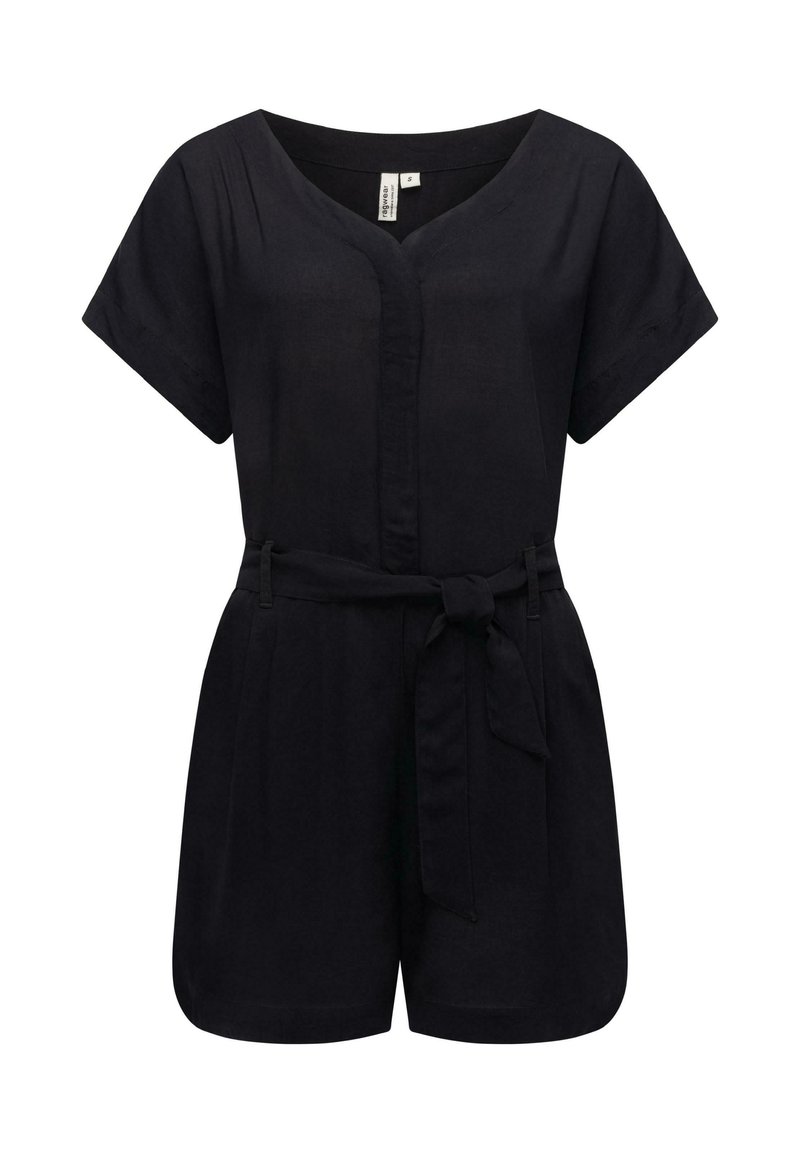 Svart kortärmad jumpsuit med v-ringning, framknäppning, justerbart midjeband och avslappnad passform. Tillverkad av mjukt tyg.