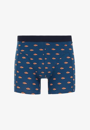 Moške boksarice v temno modri tkanini z ponavljajočim se vzorcem oranžnih klovna rib. Elastičen pas in mehak material.