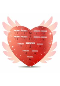 Calendrier de l'Avent en forme de cœur rouge avec des volets numérotés, présentant une finition brillante et des accents d'étoiles blanches. Ailes décoratives roses de chaque côté.