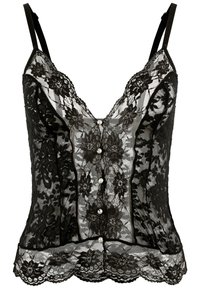 Mustmustähega must pitsüüs, millel on reguleeritavad rihmad, lillemuster, V-kaelus, satiini aktsendid ja pärlitest nööpdetailid ees.