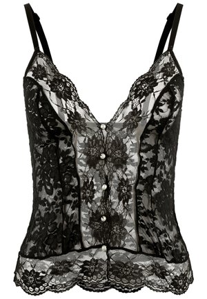Black lace top with adjustable straps, featuring floral pattern, v-neckline, satin accents, and pearl button detail along the front.