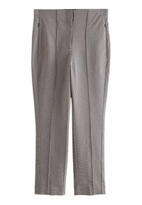 Kalhoty s šedobílým vzorem houndstooth a rovný fit, s předními kapsami a středovým skladem. Zakázkový design.