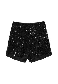 Shorts neri con paillettes caratterizzati da un design aderente, una texture liscia e una fascia elastica in vita. Paillettes nere lucide coprono l'intera superficie.