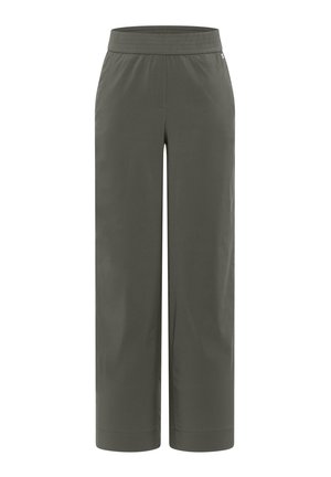 Donkergroene, wijde broek met elastische tailleband en rechte zoom, ontworpen voor casual of buitenactiviteiten.