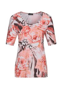 Bloemen t-shirt in roze en koraalkleuren, met een ronde hals en korte mouwen, voorzien van een gemengd bloemen- en abstract patroon.