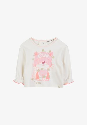 Witte katoenen blouse met 3/4 mouwen, rozebies en een glinsterende kattenafbeelding die een hoed draagt en omringd is door hartjes. Drukknopen aan de achterkant.