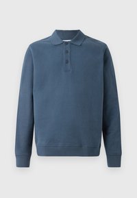 Mørkeblå langermet polo-skjorte med krage, tre knapper og ribbestrikkede mansjetter. Stoffet har en glatt, myk tekstur.