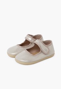 Zapatos Mary Jane plateados metálicos con acabado de terciopelo, punta redondeada, tira elástica y suelas de goma color beige. El interior cuenta con un forro suave.