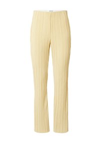 Lichtgele geplooide broek met een wijde pootontwerp. Heeft een textuurstof en een elastische tailleband voor comfortabel draagcomfort.