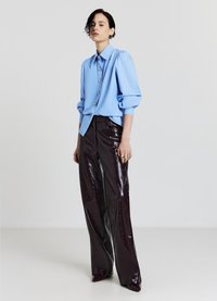 Light blue, long-sleeve blouse with buttons and puffed shoulders paired with glossy, dark burgundy wide-leg pants. Smooth fabric texture.