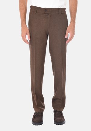 Pantaloni marroni in tessuto con gamba dritta, realizzati in un materiale testurizzato, dotati di chiusura con bottone e passanti per la cintura.