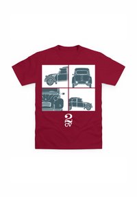 Bordeaux T-shirt med fire konturerede illustrationer af en vintage bil i forskellige vinkler, med "2 CV" trykt nederst i hvid.