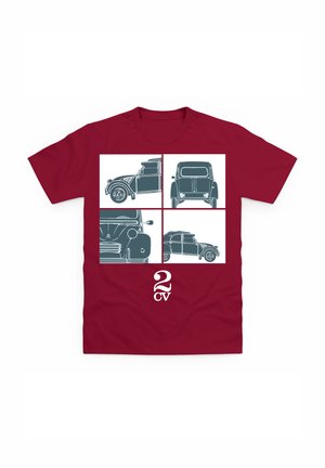 Bordeaux T-shirt med fire konturerede illustrationer af en vintage bil i forskellige vinkler, med "2 CV" trykt nederst i hvid.