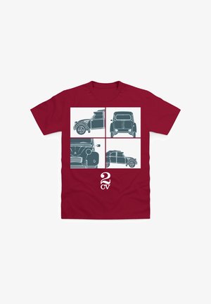 Burgunderfarbendes T-Shirt mit vier umrandeten Illustrationen eines Vintage-Autos aus verschiedenen Perspektiven, mit "2 CV" in Weiß am unteren Rand gedruckt.