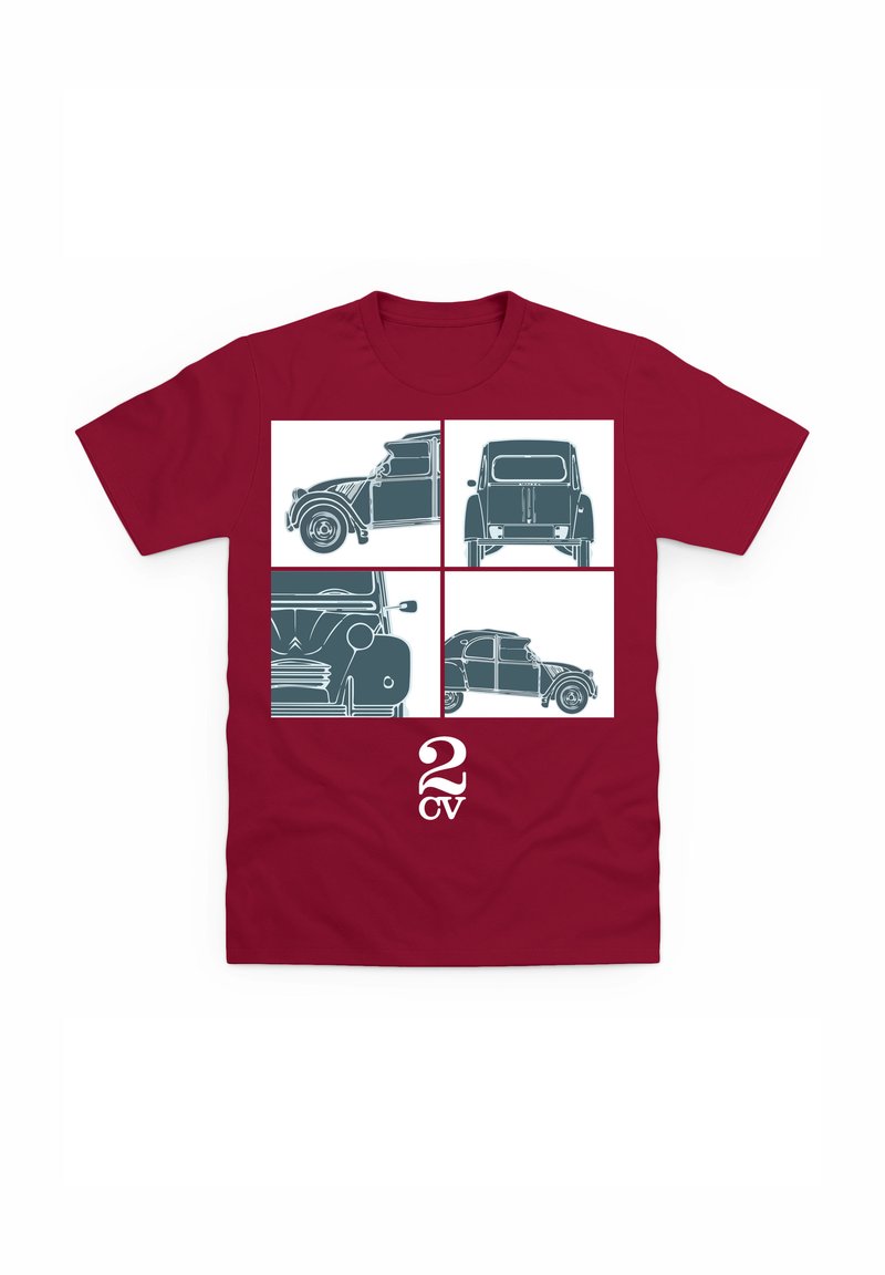 Bordeaux T-shirt med fire konturerede illustrationer af en vintage bil i forskellige vinkler, med "2 CV" trykt nederst i hvid.