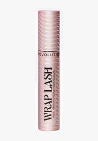 Vaaleanpunainen sylinterimäinen ripsiväriputki, jossa on uritettu muotoilu ja rohkea musta teksti. Sisältää "Wrap Lash" ja "Mega Extension & Volume Tubing Mascara."