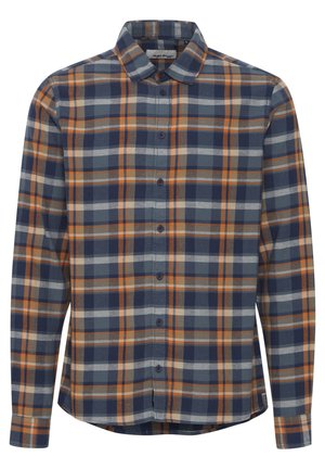 Koszula w kratkę w kolorach granatowym, pomarańczowym i szarym. Wykonana z miękkiego materiału, posiada kołnierzyk zapinany na guziki oraz guziki z przodu.