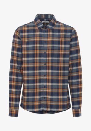 Koszula w kratkę w kolorach granatowym, pomarańczowym i szarym. Wykonana z miękkiego materiału, posiada kołnierzyk zapinany na guziki oraz guziki z przodu.