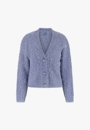 Cardigan morbido di un blu chiaro con scollo a V profondo, maniche lunghe e tre bottoni circolari argentati sulla parte anteriore. Tessuto strutturato in tutto il capo.