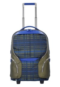 Zaino con rotelle in design a quadri verde e blu. Presenta un manico telescopico in metallo, tasche laterali imbottite e cerniere fluide. Tessuto testurizzato.