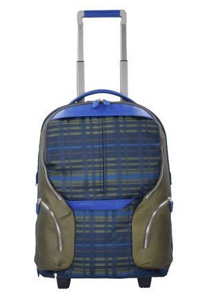 Zaino con rotelle in design a quadri verde e blu. Presenta un manico telescopico in metallo, tasche laterali imbottite e cerniere fluide. Tessuto testurizzato.